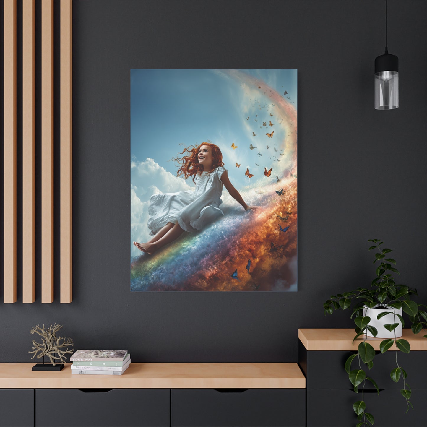 Girl Slides Down Rainbow Art - Canvas & Poster Print, Colorful Butterfly Canvas Art, Unique Kid's Room Art, Little Girls Room Canvas Art, Girl's Bedroom Art
