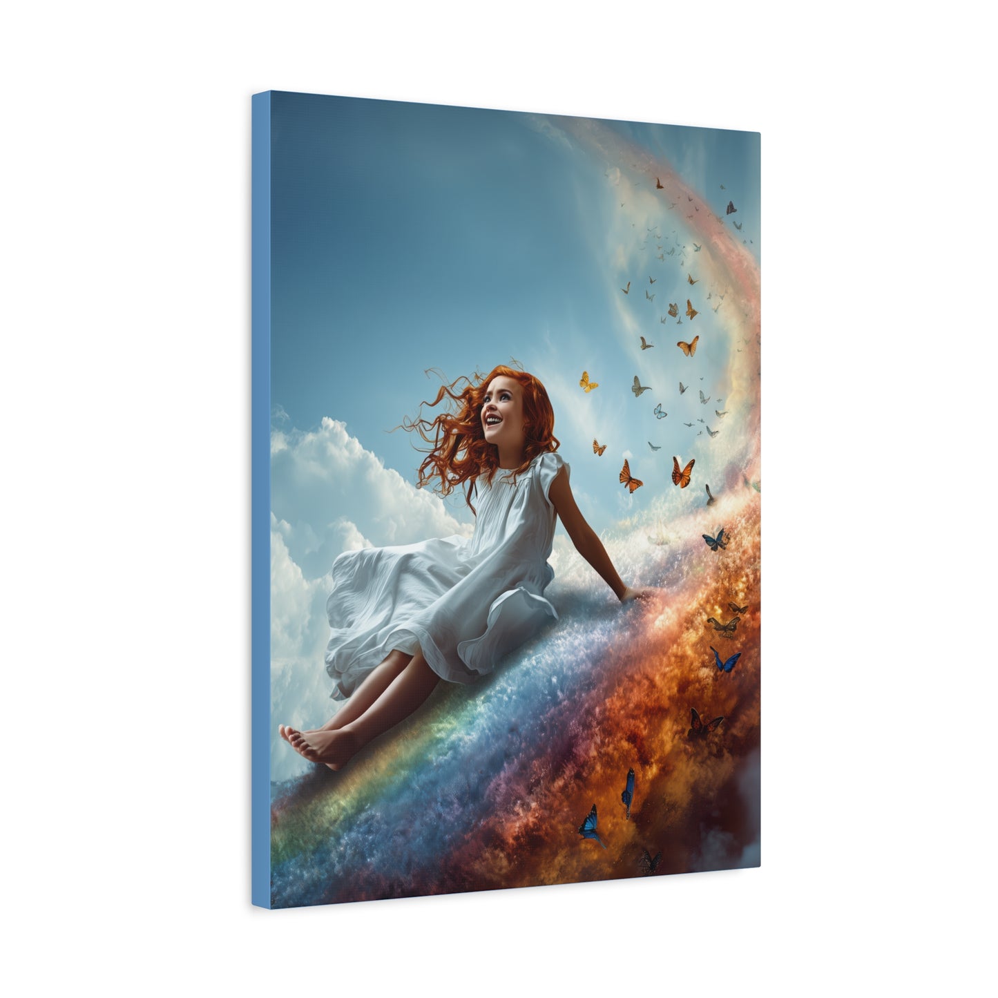 Girl Slides Down Rainbow Art - Canvas & Poster Print, Colorful Butterfly Canvas Art, Unique Kid's Room Art, Little Girls Room Canvas Art, Girl's Bedroom Art