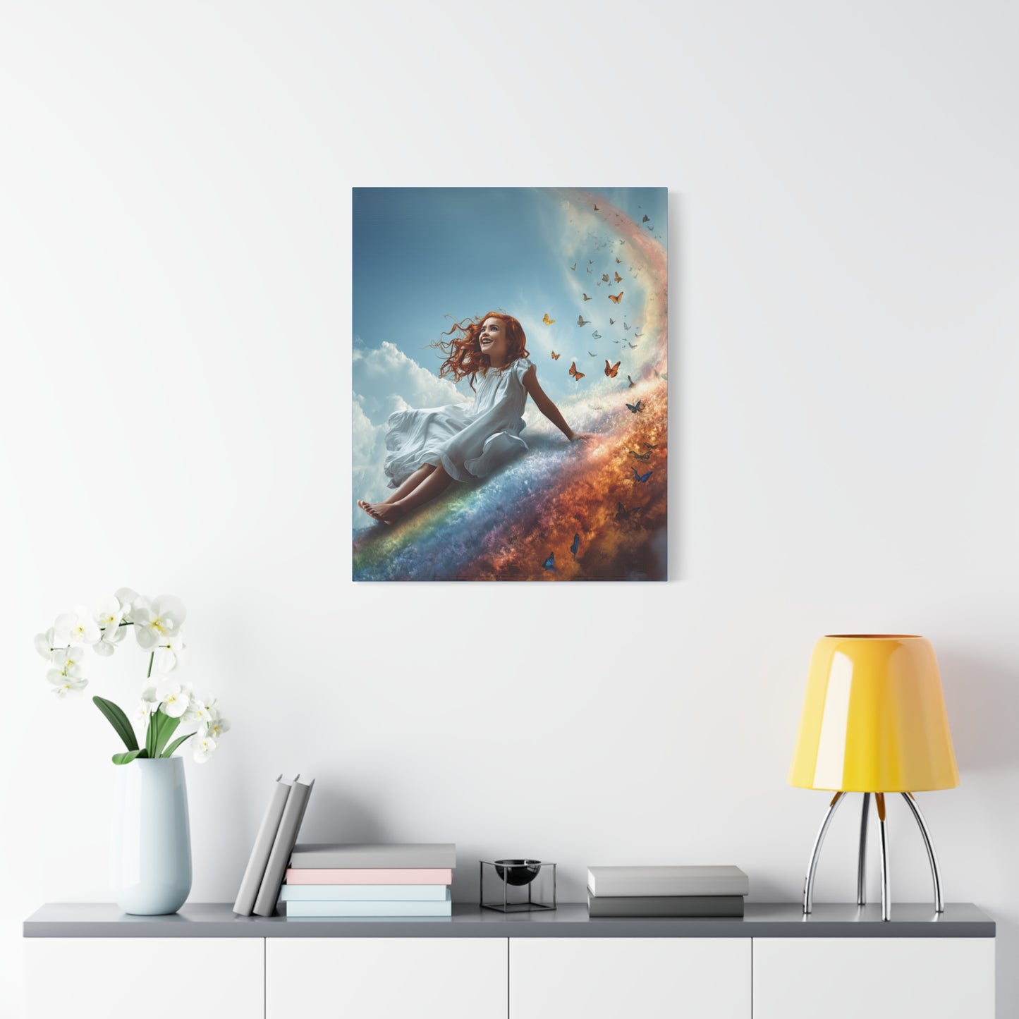 Girl Slides Down Rainbow Art - Canvas & Poster Print, Colorful Butterfly Canvas Art, Unique Kid's Room Art, Little Girls Room Canvas Art, Girl's Bedroom Art