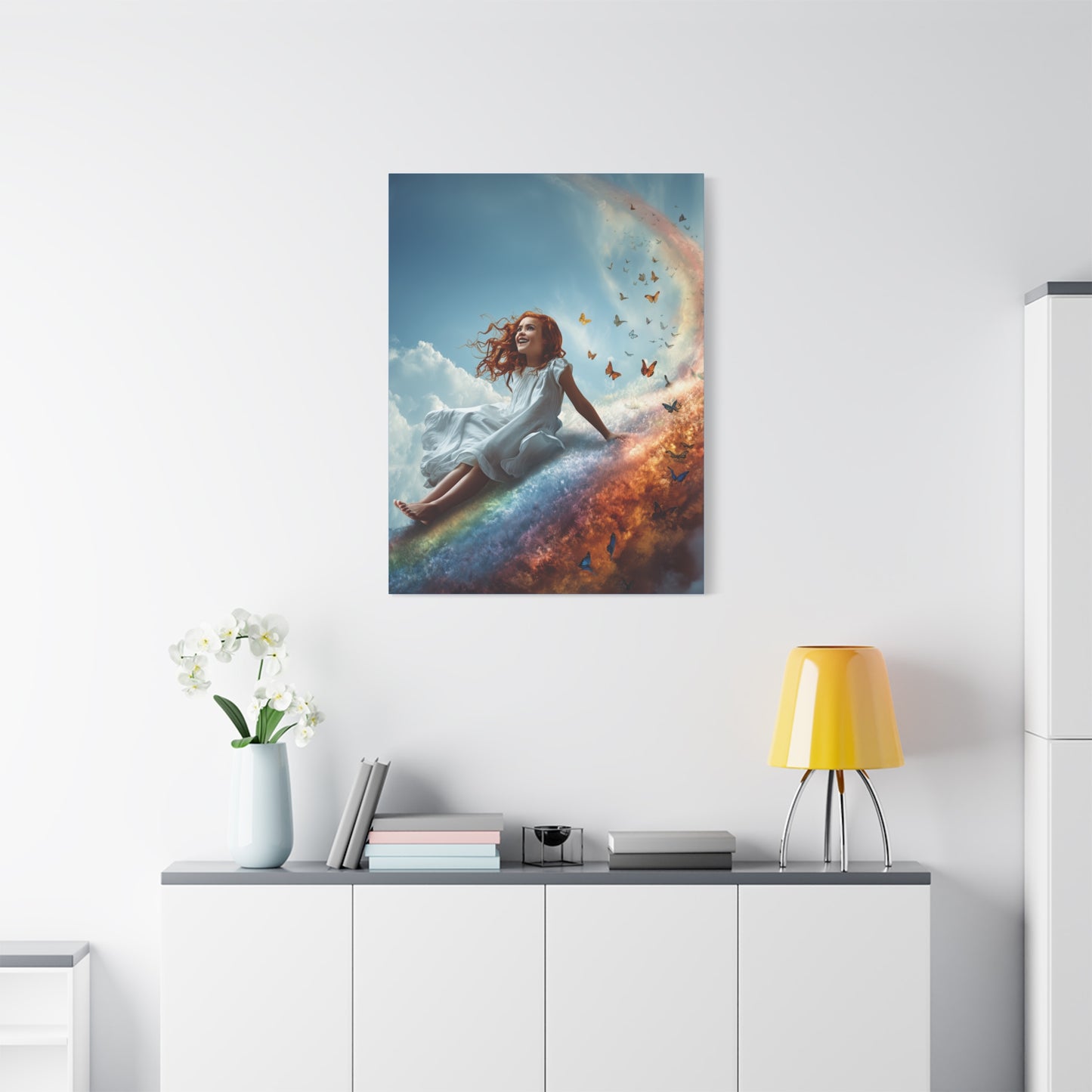 Girl Slides Down Rainbow Art - Canvas & Poster Print, Colorful Butterfly Canvas Art, Unique Kid's Room Art, Little Girls Room Canvas Art, Girl's Bedroom Art