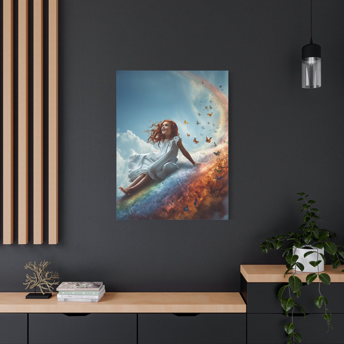 Girl Slides Down Rainbow Art - Canvas & Poster Print, Colorful Butterfly Canvas Art, Unique Kid's Room Art, Little Girls Room Canvas Art, Girl's Bedroom Art
