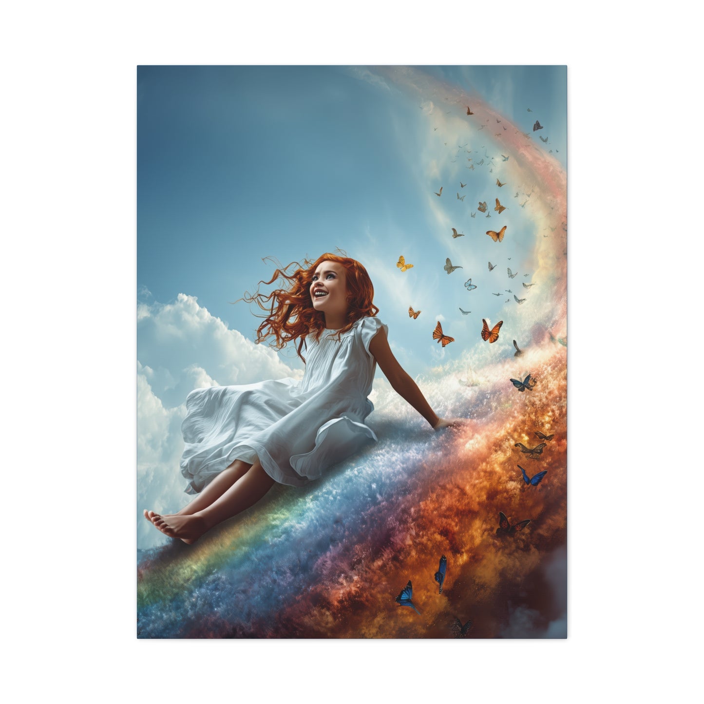 Girl Slides Down Rainbow Art - Canvas & Poster Print, Colorful Butterfly Canvas Art, Unique Kid's Room Art, Little Girls Room Canvas Art, Girl's Bedroom Art