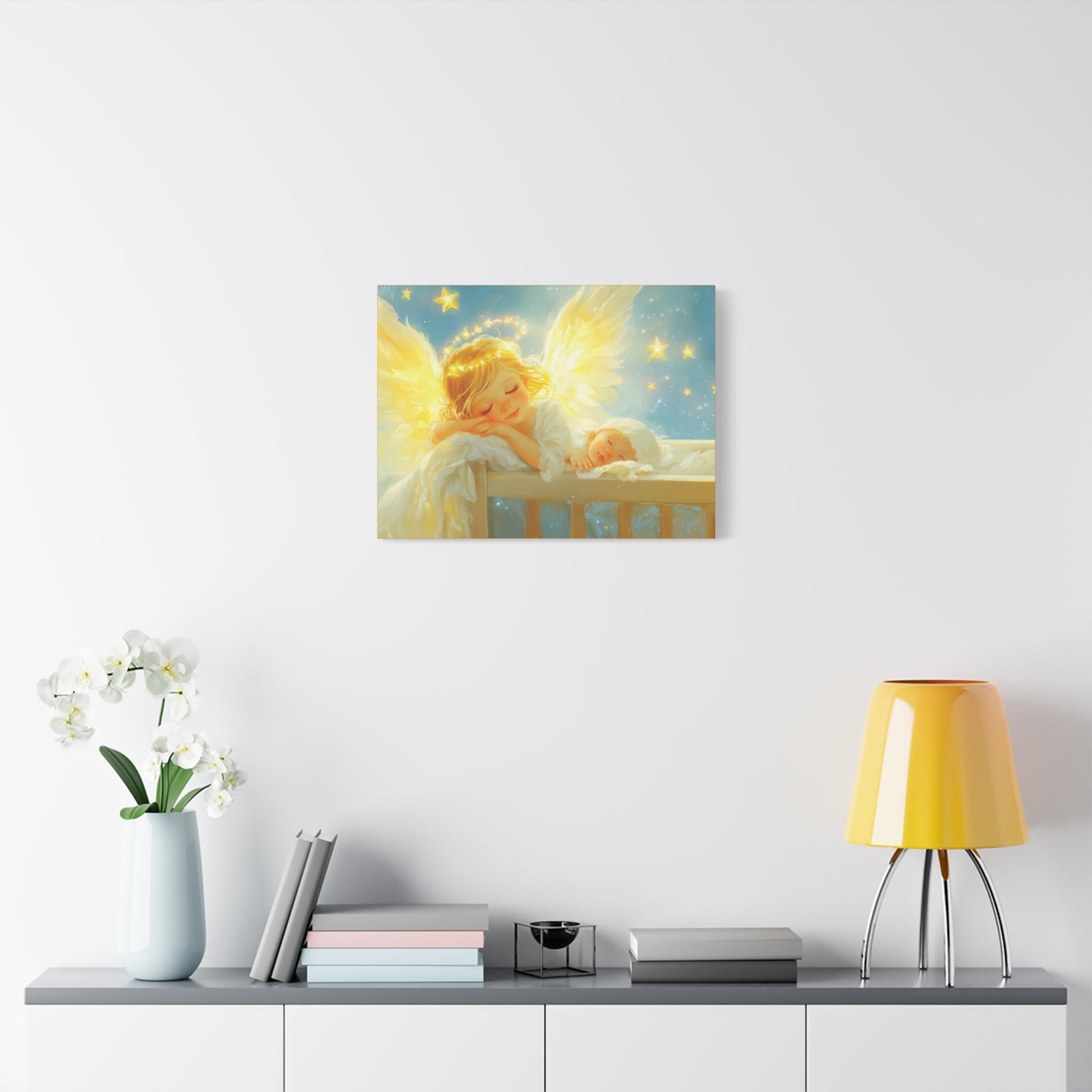 Heavenly Dreams Art - Canvas & Poster Prints, Personalization Available, Baby and Angel Design, Nursery Decor, Guardian Angel Wall Art