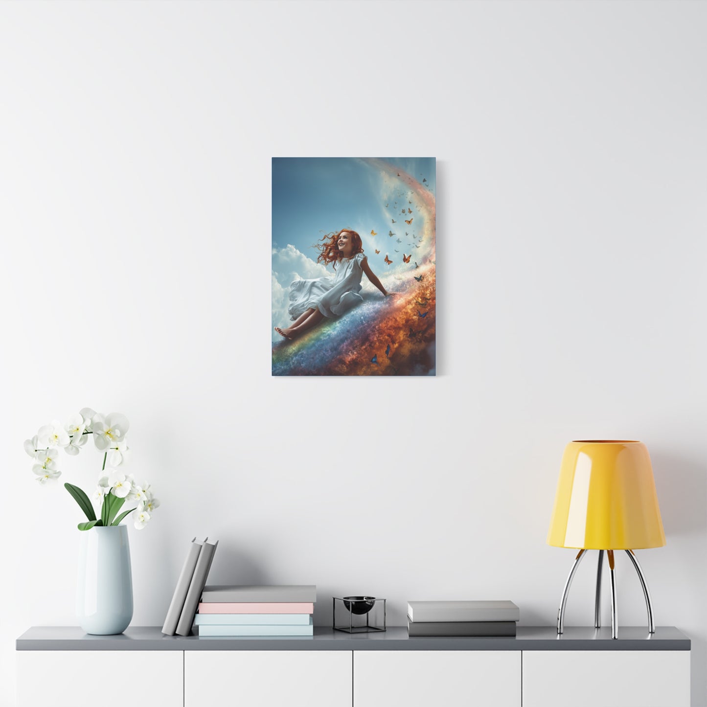 Girl Slides Down Rainbow Art - Canvas & Poster Print, Colorful Butterfly Canvas Art, Unique Kid's Room Art, Little Girls Room Canvas Art, Girl's Bedroom Art
