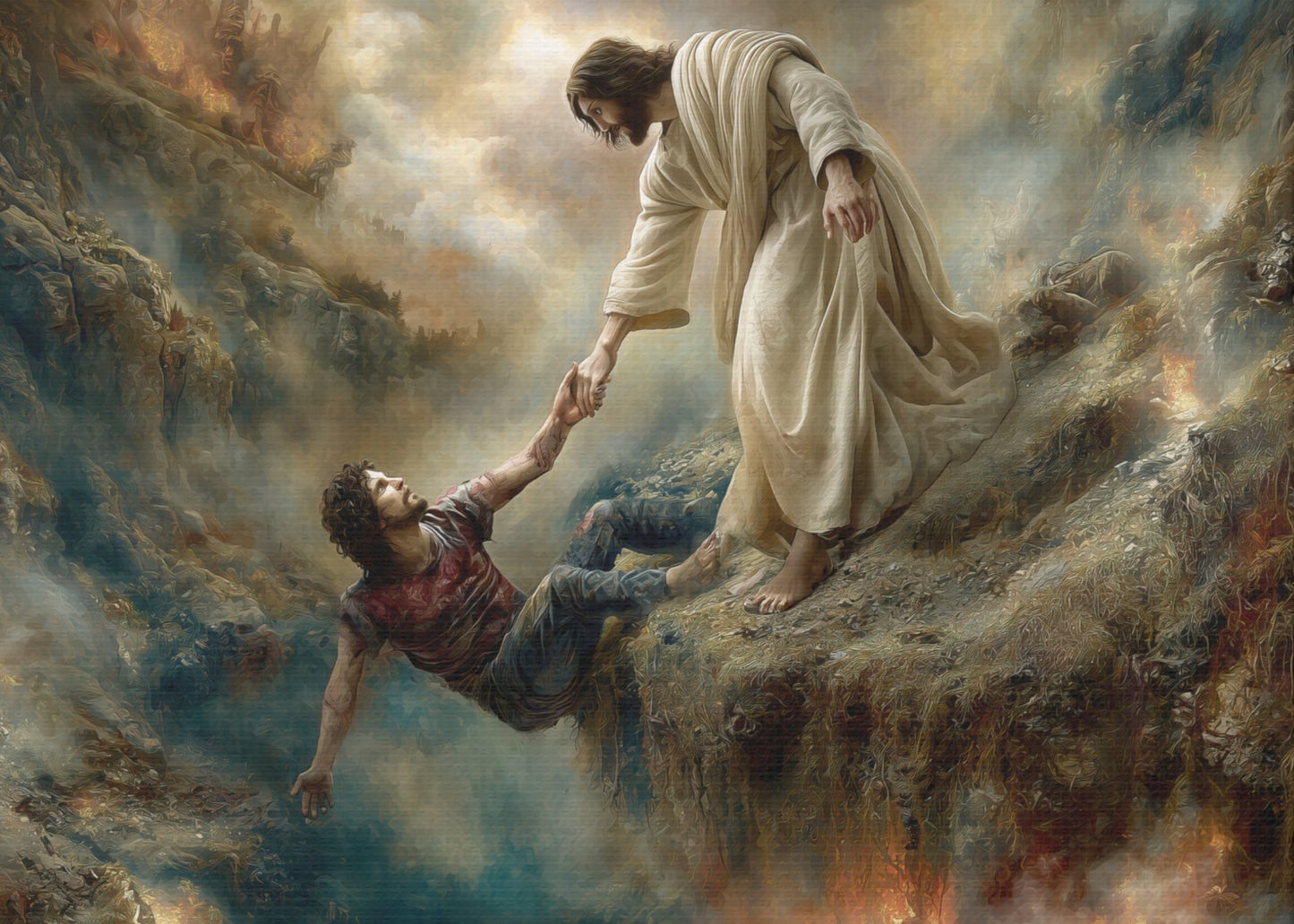 Jesus Saving Man from Pit - Canvas and Poster Print, Faith-Based Decor, Spiritual Wall Art, Religious Gift, Christian Home Decor, Biblical Wall Hanging