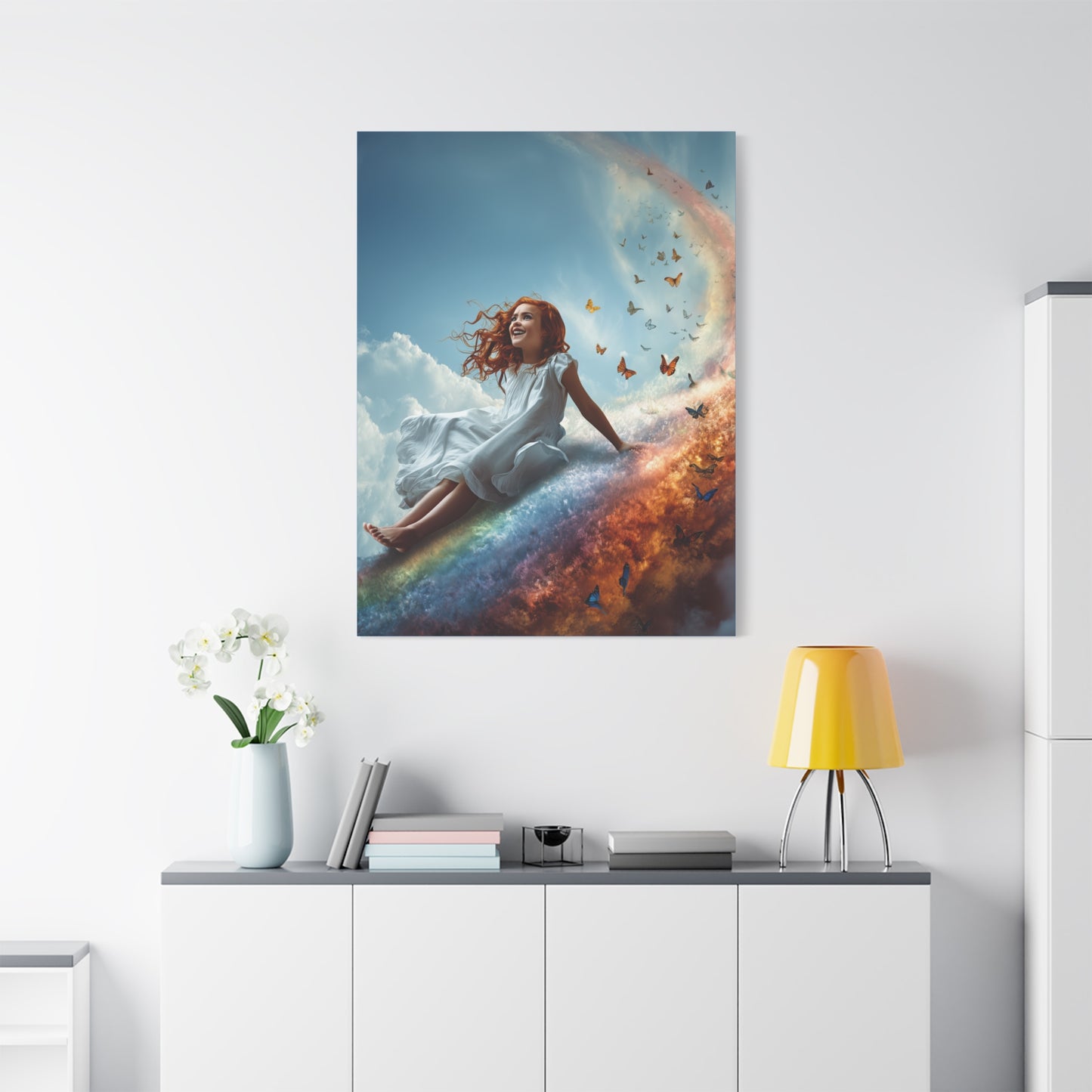 Girl Slides Down Rainbow Art - Canvas & Poster Print, Colorful Butterfly Canvas Art, Unique Kid's Room Art, Little Girls Room Canvas Art, Girl's Bedroom Art