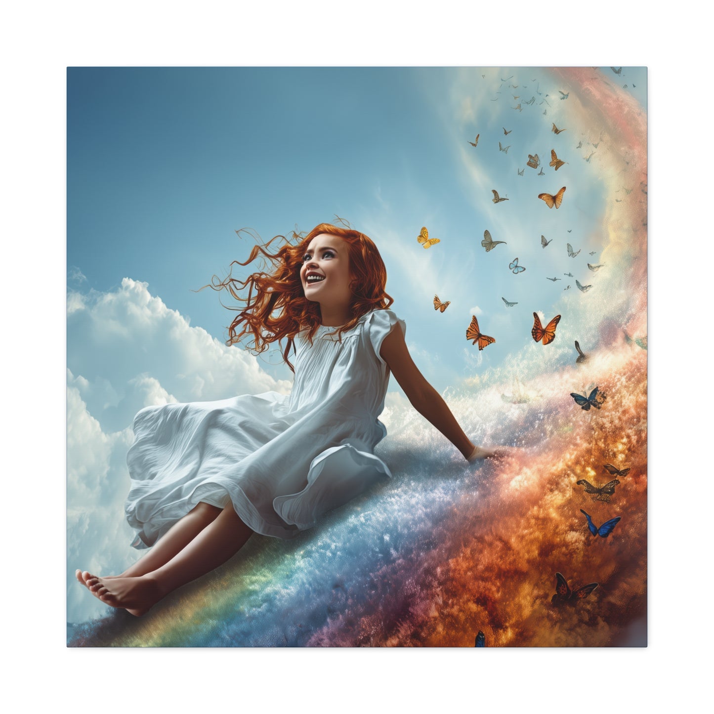 Girl Slides Down Rainbow Art - Canvas & Poster Print, Colorful Butterfly Canvas Art, Unique Kid's Room Art, Little Girls Room Canvas Art, Girl's Bedroom Art