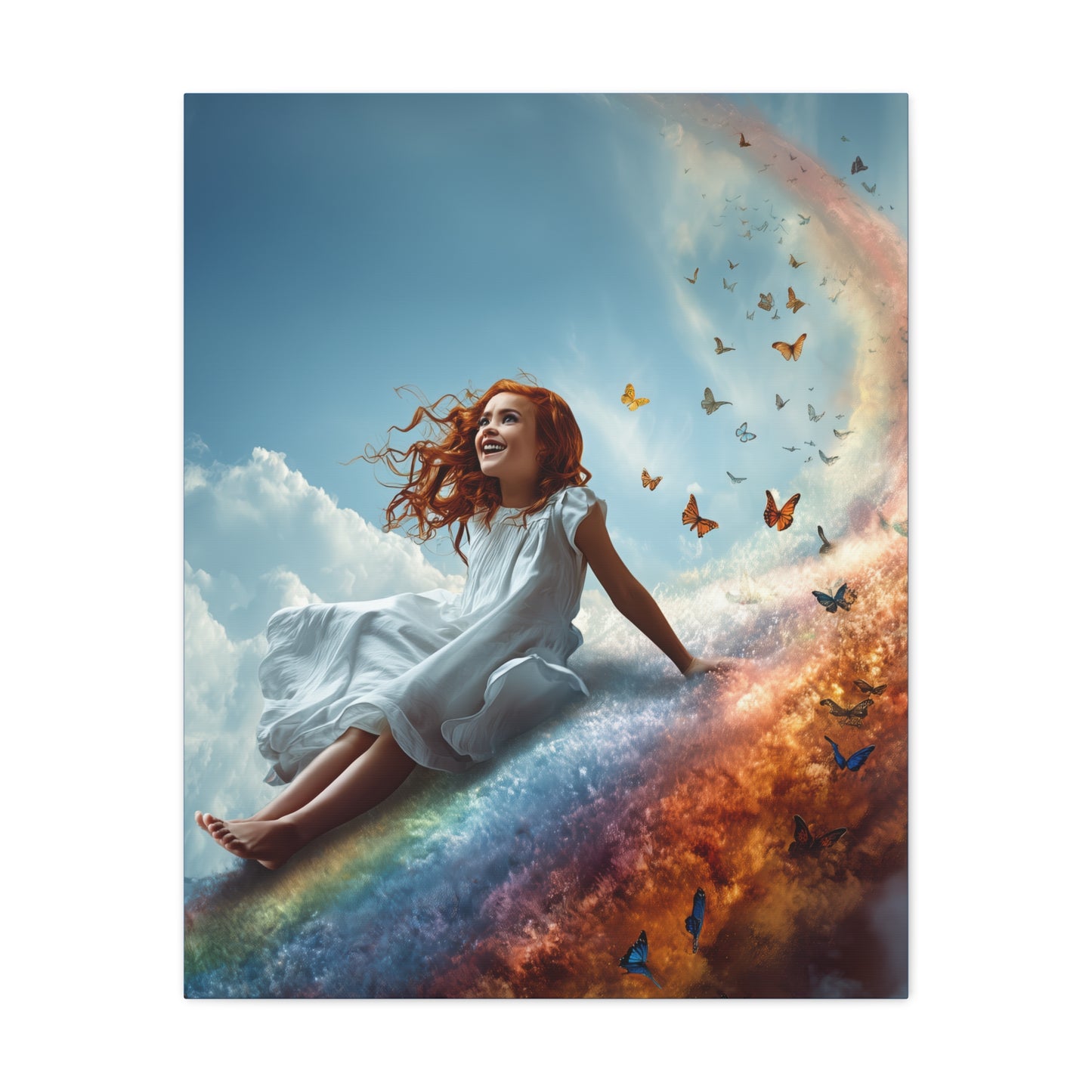 Girl Slides Down Rainbow Art - Canvas & Poster Print, Colorful Butterfly Canvas Art, Unique Kid's Room Art, Little Girls Room Canvas Art, Girl's Bedroom Art