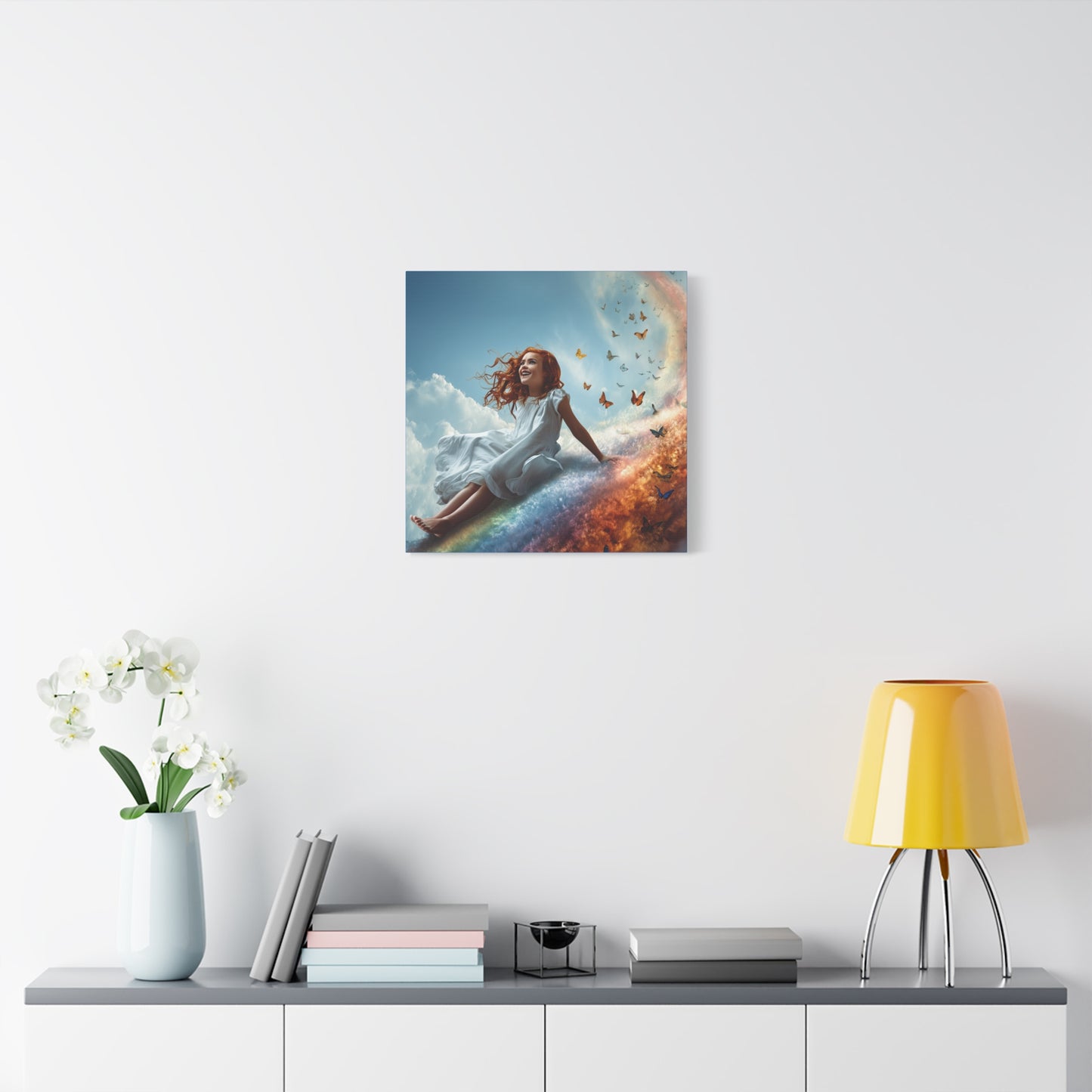 Girl Slides Down Rainbow Art - Canvas & Poster Print, Colorful Butterfly Canvas Art, Unique Kid's Room Art, Little Girls Room Canvas Art, Girl's Bedroom Art