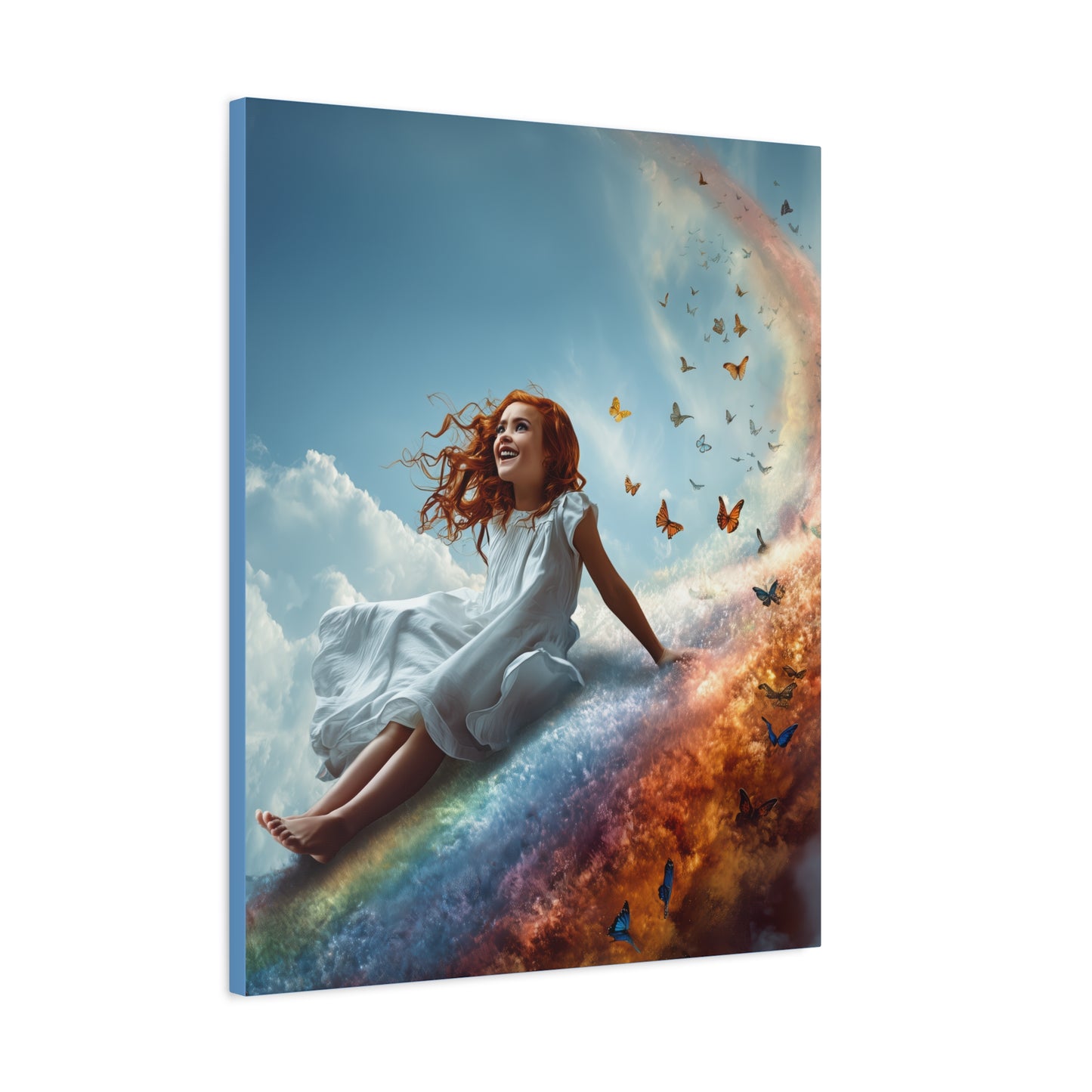 Girl Slides Down Rainbow Art - Canvas & Poster Print, Colorful Butterfly Canvas Art, Unique Kid's Room Art, Little Girls Room Canvas Art, Girl's Bedroom Art