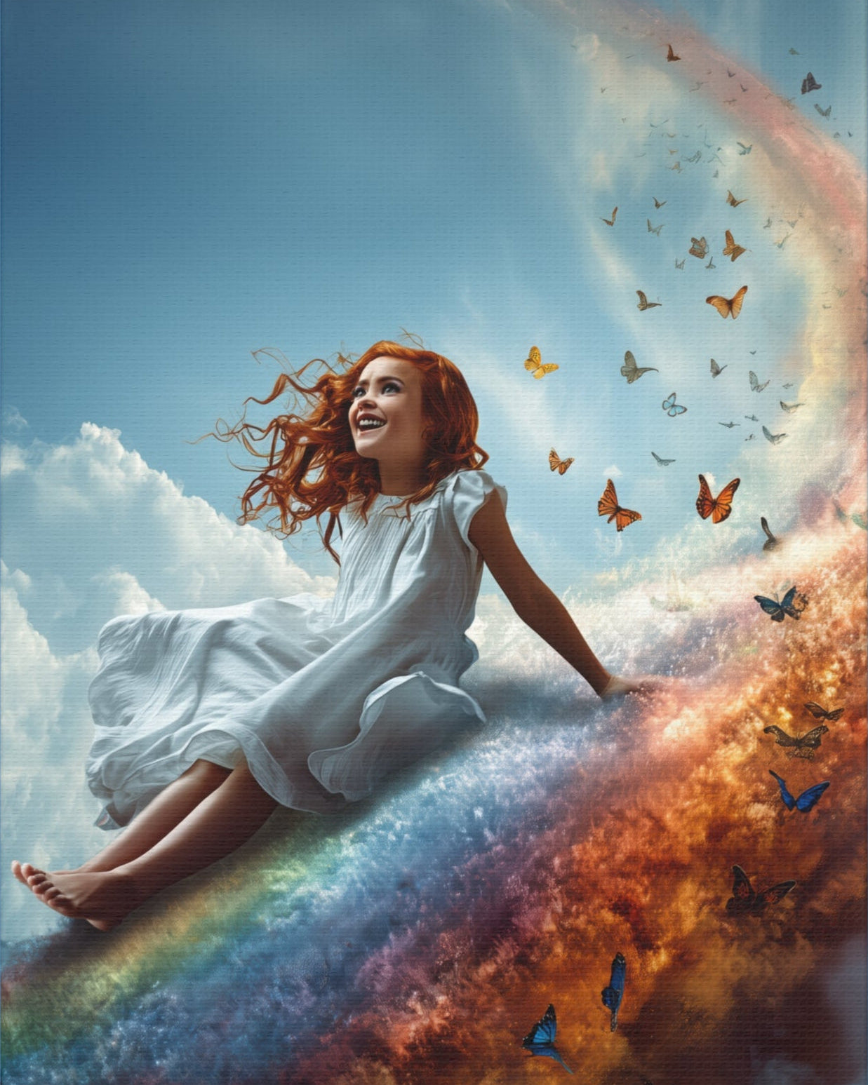Girl Slides Down Rainbow Art - Canvas & Poster Print, Colorful Butterfly Canvas Art, Unique Kid's Room Art, Little Girls Room Canvas Art, Girl's Bedroom Art