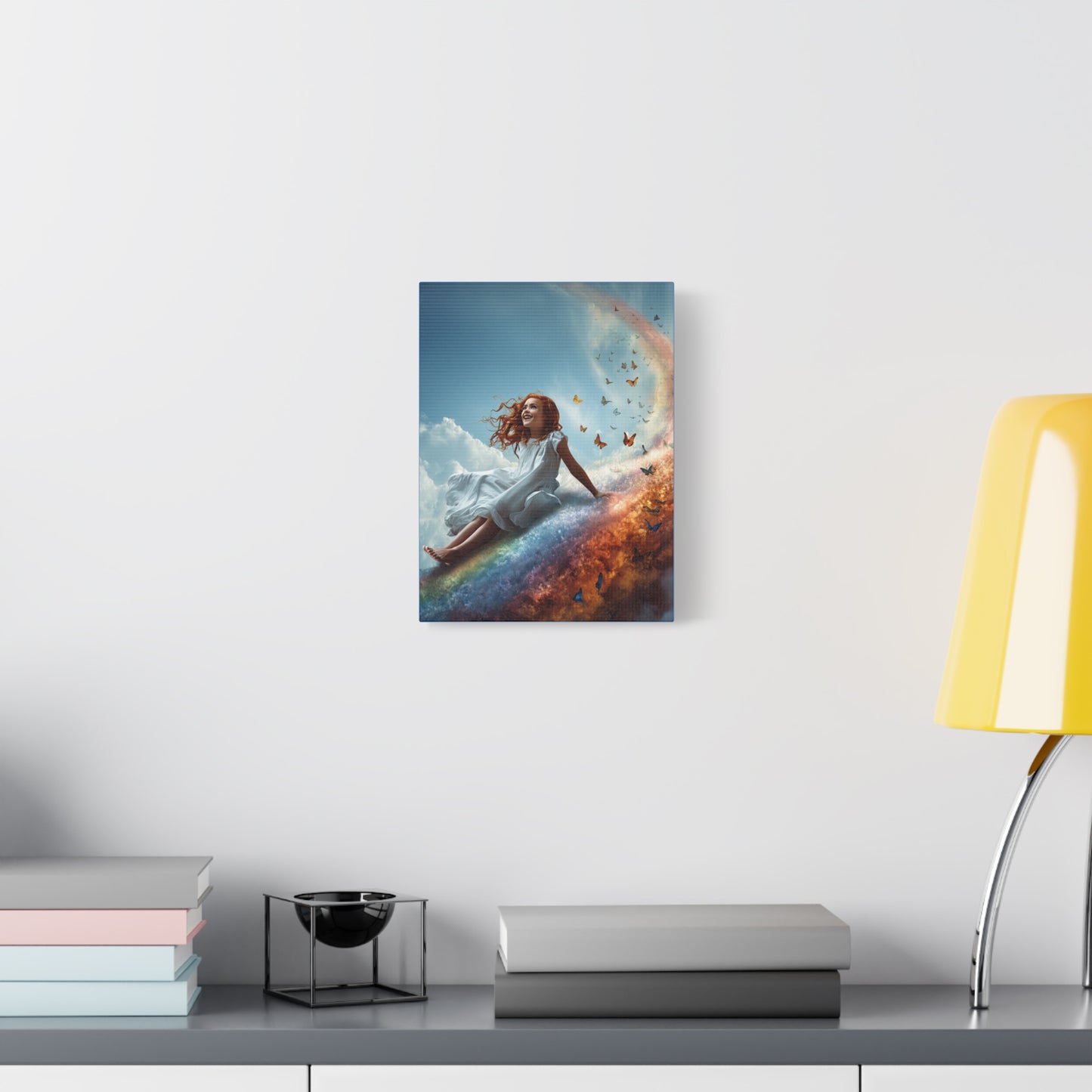 Girl Slides Down Rainbow Art - Canvas & Poster Print, Colorful Butterfly Canvas Art, Unique Kid's Room Art, Little Girls Room Canvas Art, Girl's Bedroom Art