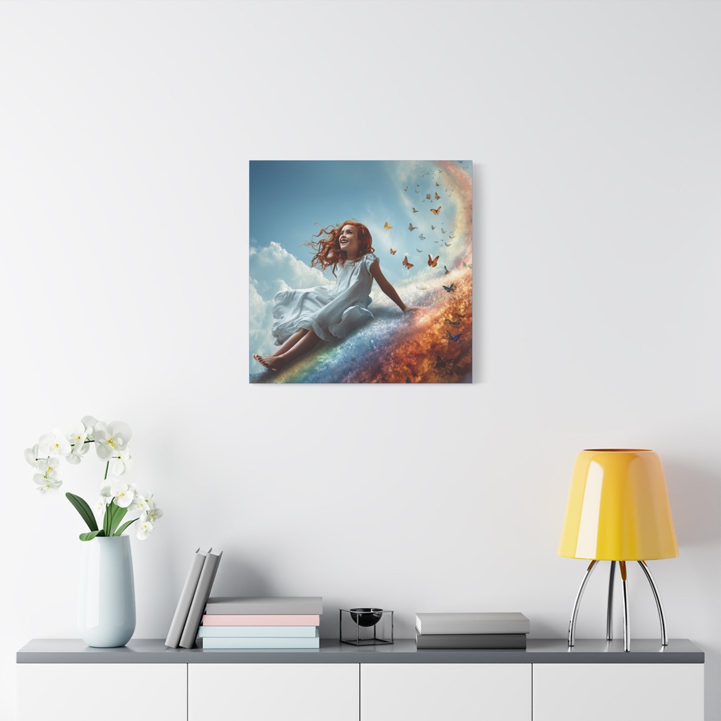 Girl Slides Down Rainbow Art - Canvas & Poster Print, Colorful Butterfly Canvas Art, Unique Kid's Room Art, Little Girls Room Canvas Art, Girl's Bedroom Art