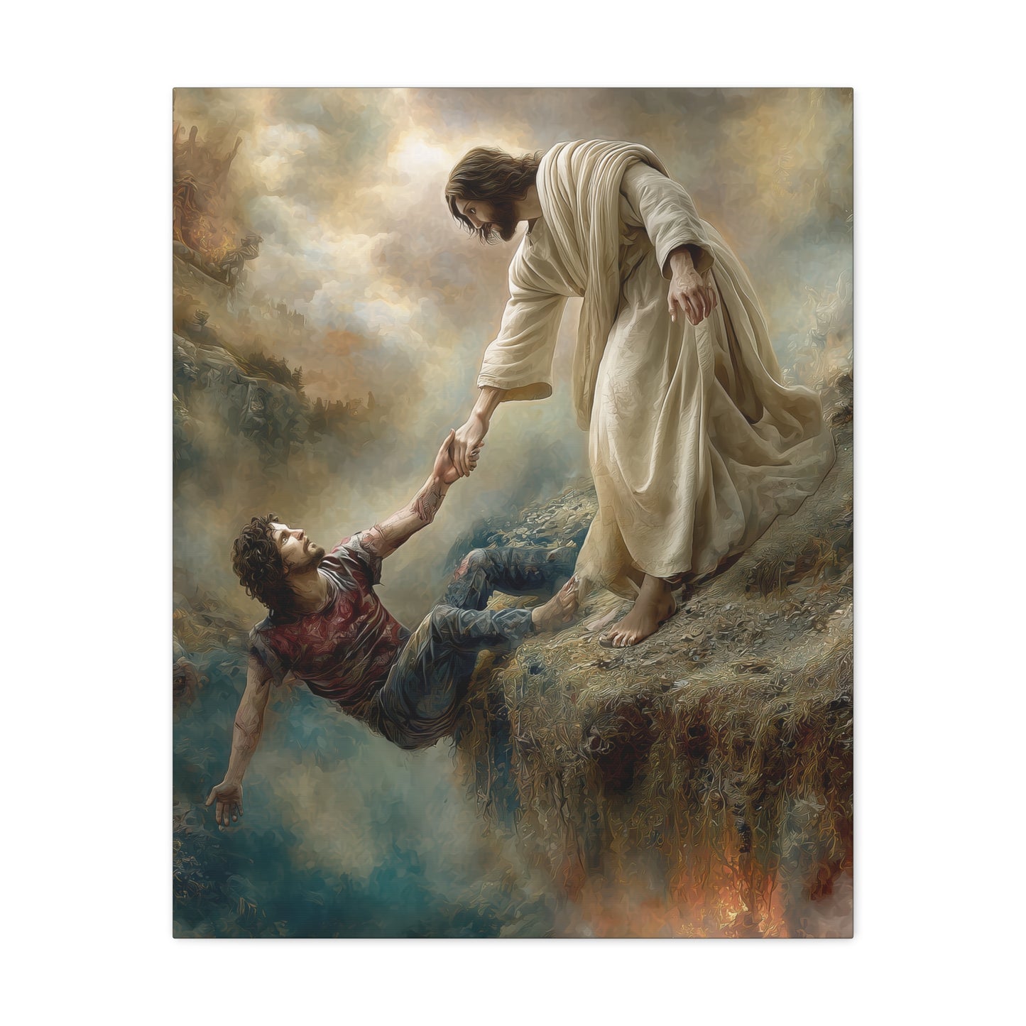 Jesus Saving Man from Pit - Canvas and Poster Print, Faith-Based Decor, Spiritual Wall Art, Religious Gift, Christian Home Decor, Biblical Wall Hanging