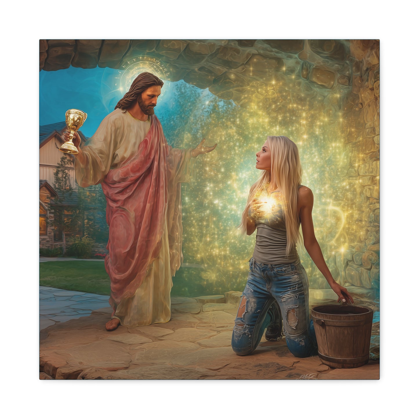 Samaritan Women at the Well with Jesus - Canvas & Poster Prints, Spiritual Wall Decor, Modern Jesus Canvas Art, Religious Decor, Faith-Based Art, Christian Gift
