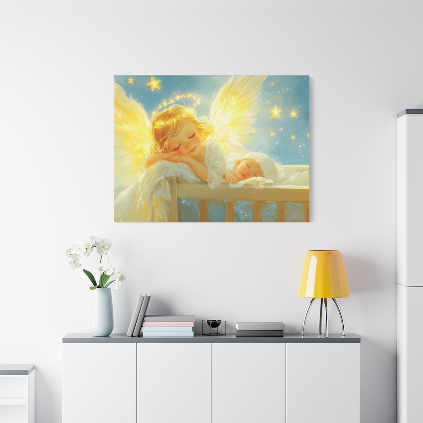 Heavenly Dreams Art - Canvas & Poster Prints, Personalization Available, Baby and Angel Design, Nursery Decor, Guardian Angel Wall Art