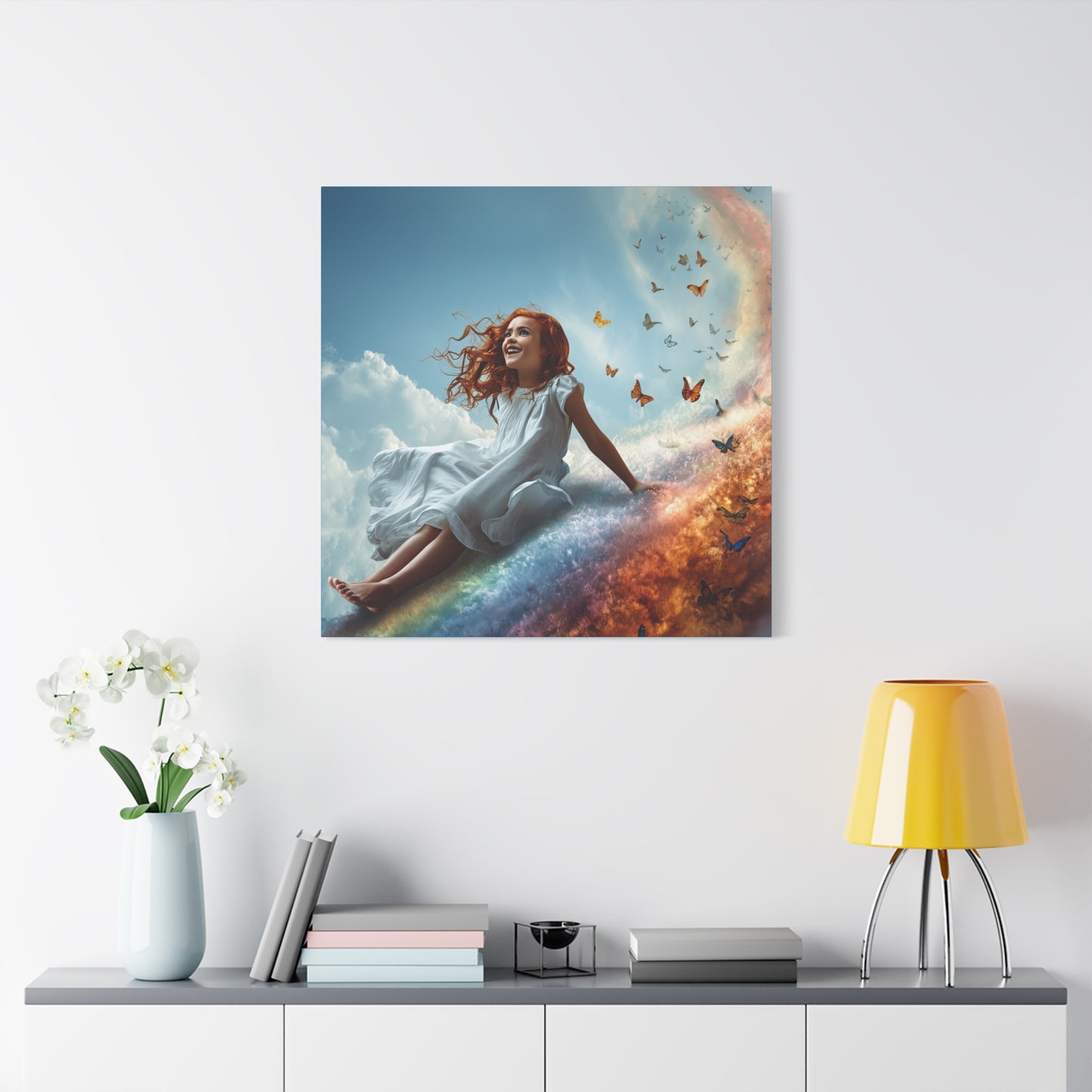 Girl Slides Down Rainbow Art - Canvas & Poster Print, Colorful Butterfly Canvas Art, Unique Kid's Room Art, Little Girls Room Canvas Art, Girl's Bedroom Art