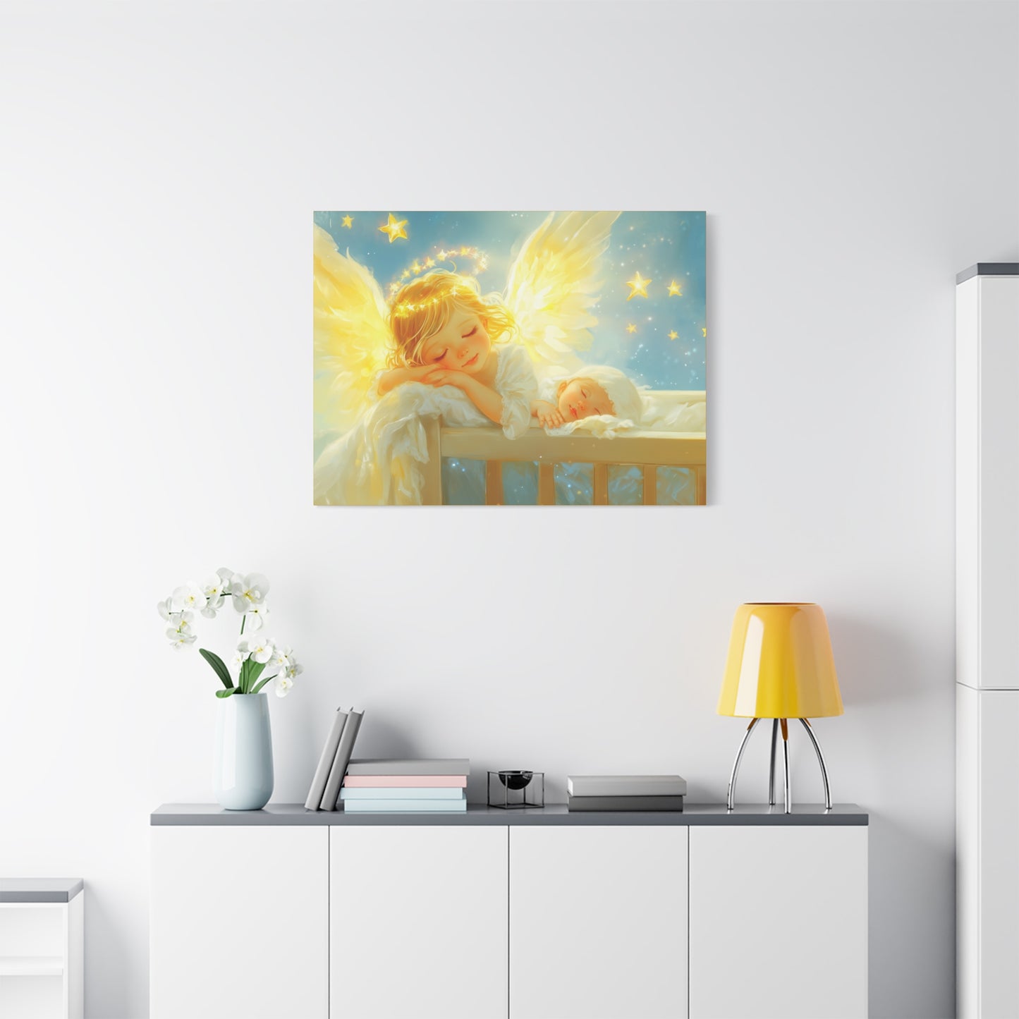 Heavenly Dreams Art - Canvas & Poster Prints, Personalization Available, Baby and Angel Design, Nursery Decor, Guardian Angel Wall Art