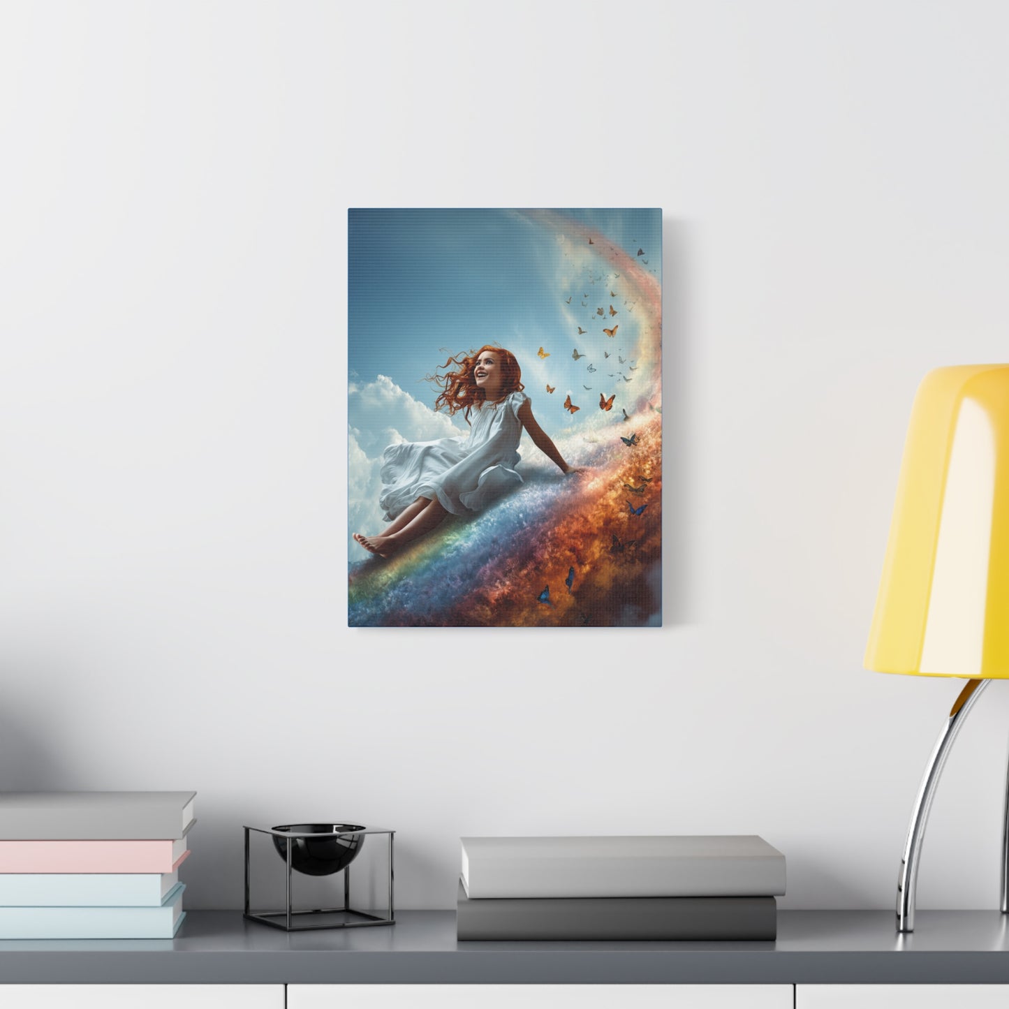Girl Slides Down Rainbow Art - Canvas & Poster Print, Colorful Butterfly Canvas Art, Unique Kid's Room Art, Little Girls Room Canvas Art, Girl's Bedroom Art