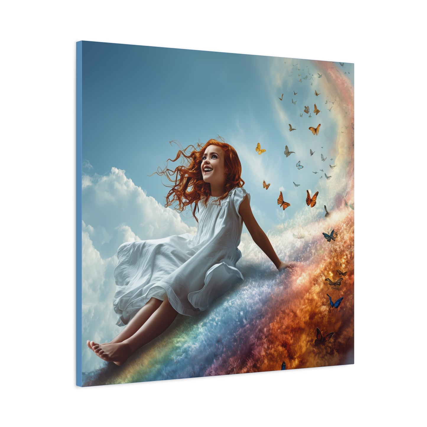Girl Slides Down Rainbow Art - Canvas & Poster Print, Colorful Butterfly Canvas Art, Unique Kid's Room Art, Little Girls Room Canvas Art, Girl's Bedroom Art
