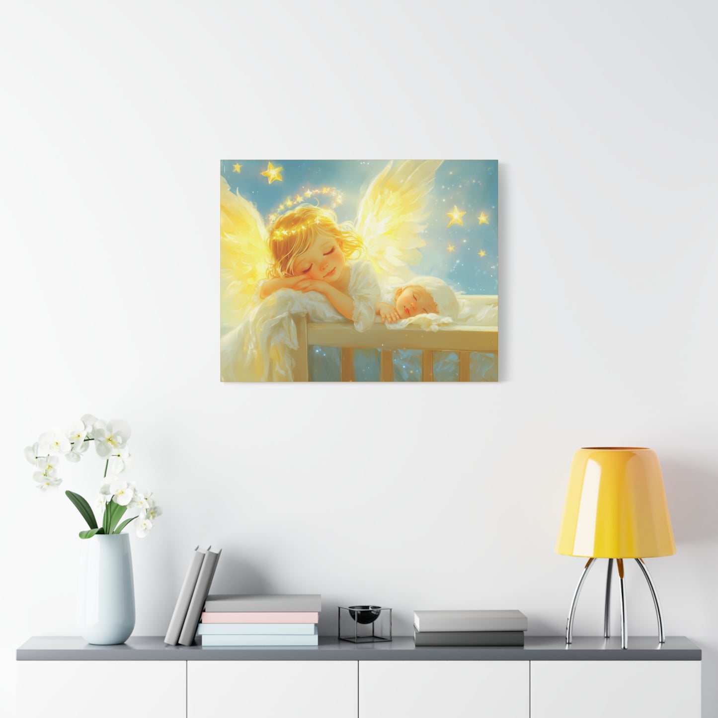 Heavenly Dreams Art - Canvas & Poster Prints, Personalization Available, Baby and Angel Design, Nursery Decor, Guardian Angel Wall Art