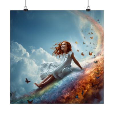 Girl Slides Down Rainbow Art - Canvas & Poster Print, Colorful Butterfly Canvas Art, Unique Kid's Room Art, Little Girls Room Canvas Art, Girl's Bedroom Art