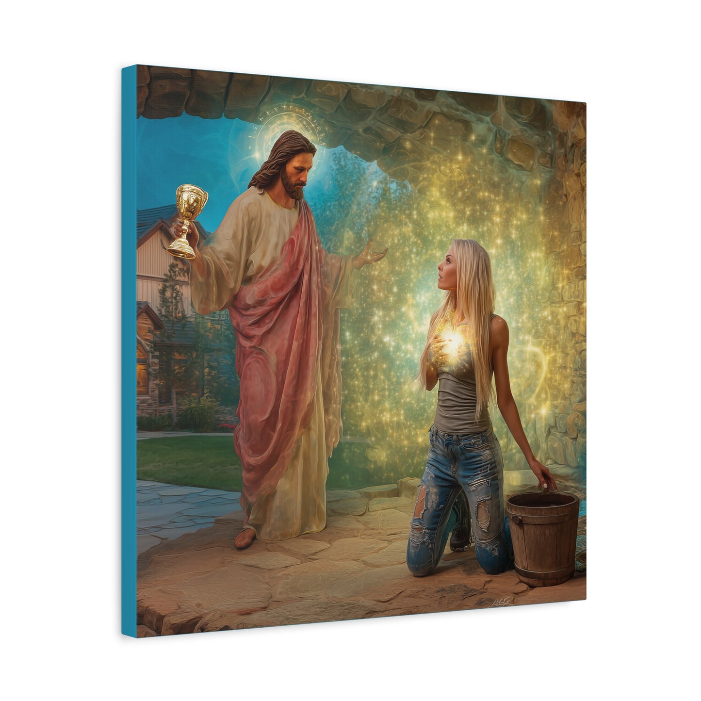 Samaritan Women at the Well with Jesus - Canvas & Poster Prints, Spiritual Wall Decor, Modern Jesus Canvas Art, Religious Decor, Faith-Based Art, Christian Gift