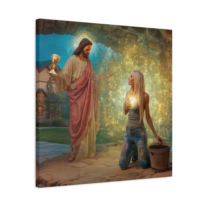 Samaritan Women at the Well with Jesus - Canvas & Poster Prints, Spiritual Wall Decor, Modern Jesus Canvas Art, Religious Decor, Faith-Based Art, Christian Gift