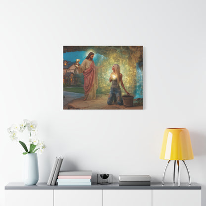 Samaritan Women at the Well with Jesus - Canvas & Poster Prints, Spiritual Wall Decor, Modern Jesus Canvas Art, Religious Decor, Faith-Based Art, Christian Gift