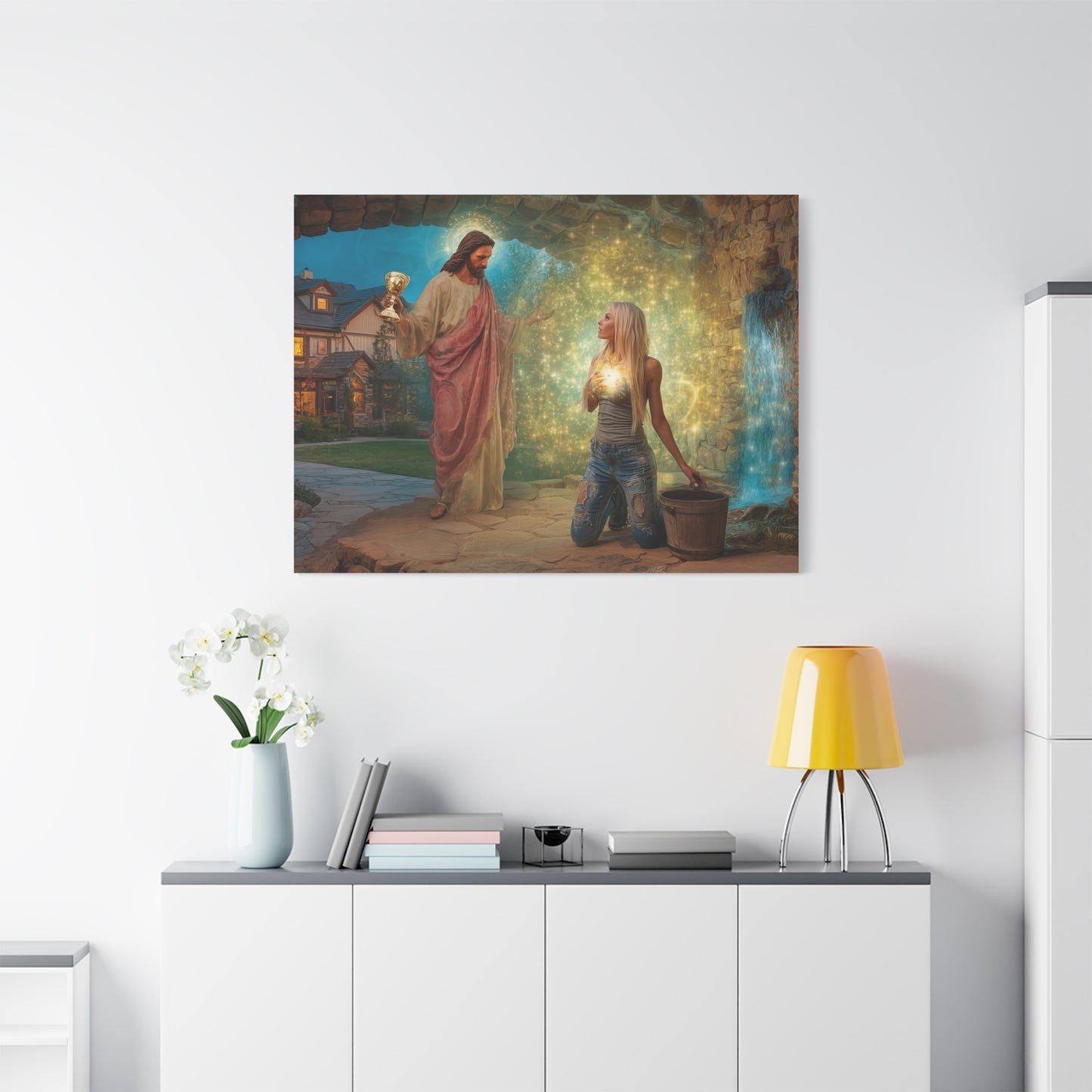 Samaritan Women at the Well with Jesus - Canvas & Poster Prints, Spiritual Wall Decor, Modern Jesus Canvas Art, Religious Decor, Faith-Based Art, Christian Gift