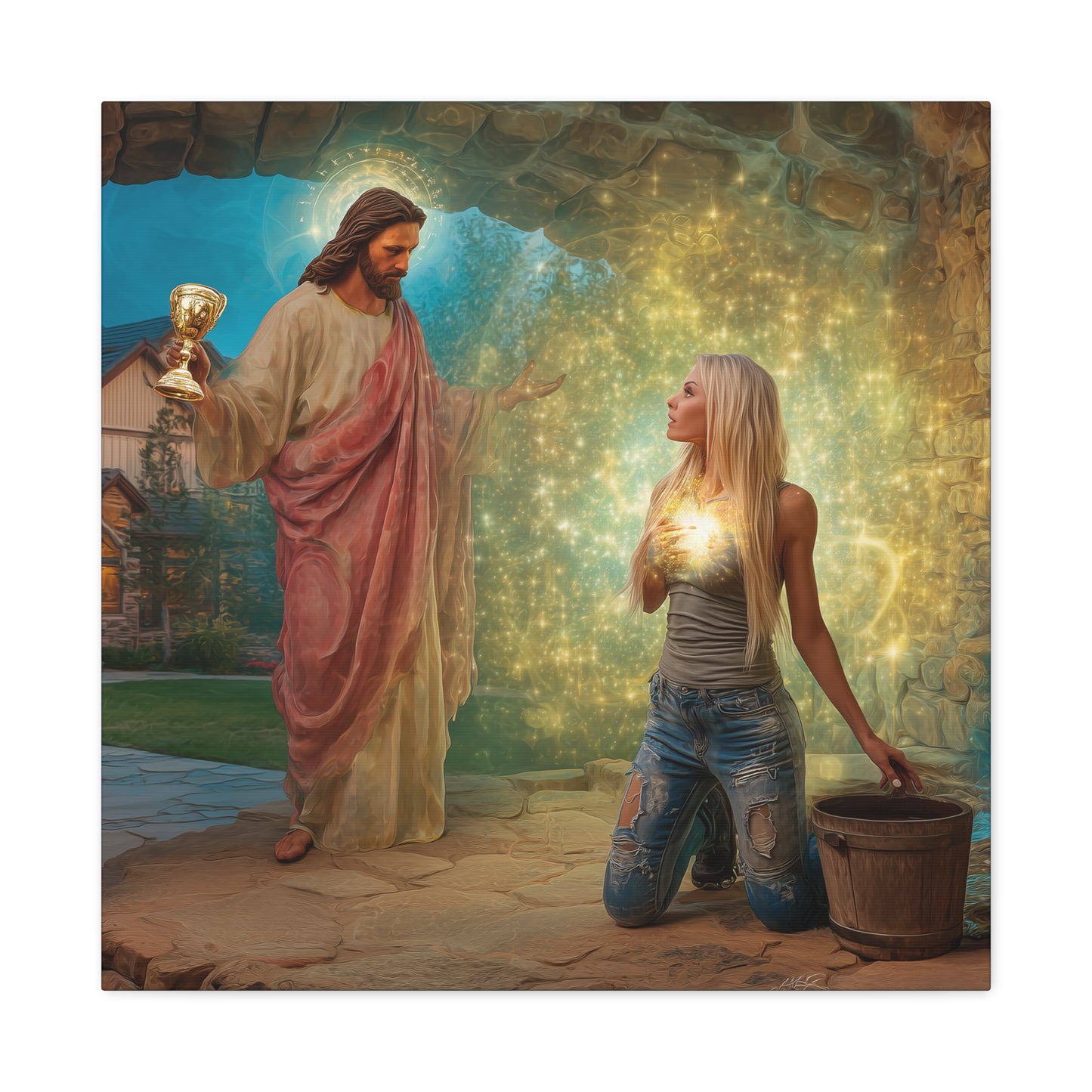 Samaritan Women at the Well with Jesus - Canvas & Poster Prints, Spiritual Wall Decor, Modern Jesus Canvas Art, Religious Decor, Faith-Based Art, Christian Gift