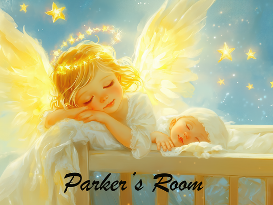 Heavenly Dreams Art - Canvas & Poster Prints, Personalization Available, Baby and Angel Design, Nursery Decor, Guardian Angel Wall Art