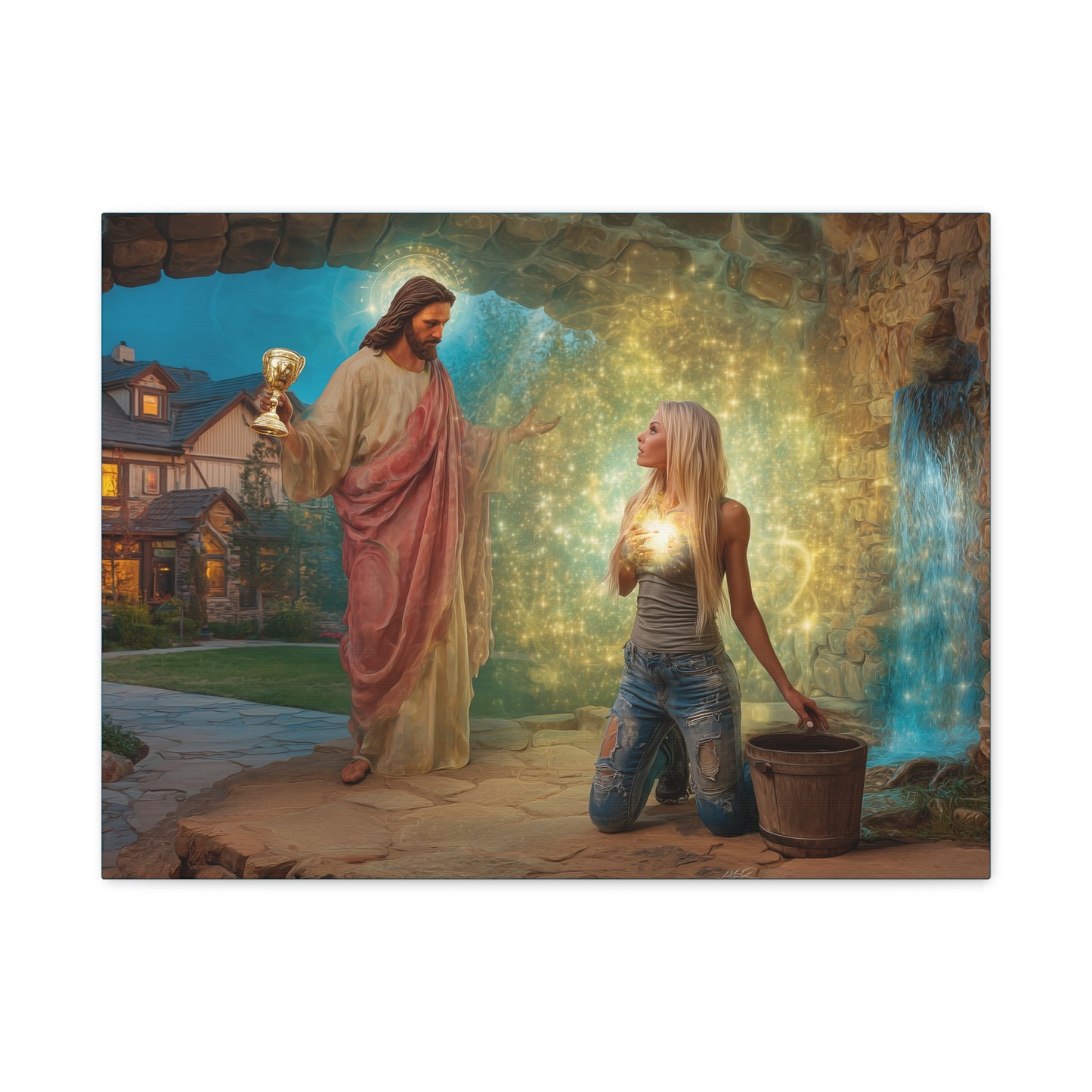 Samaritan Women at the Well with Jesus - Canvas & Poster Prints, Spiritual Wall Decor, Modern Jesus Canvas Art, Religious Decor, Faith-Based Art, Christian Gift