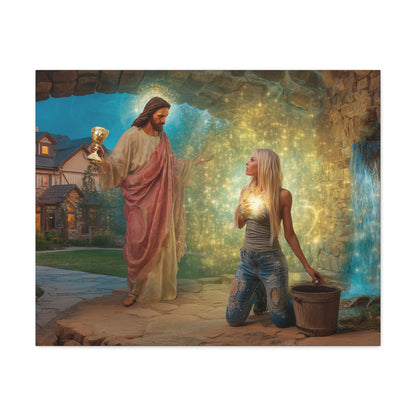 Samaritan Women at the Well with Jesus - Canvas & Poster Prints, Spiritual Wall Decor, Modern Jesus Canvas Art, Religious Decor, Faith-Based Art, Christian Gift