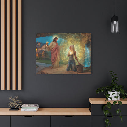 Samaritan Women at the Well with Jesus - Canvas & Poster Prints, Spiritual Wall Decor, Modern Jesus Canvas Art, Religious Decor, Faith-Based Art, Christian Gift