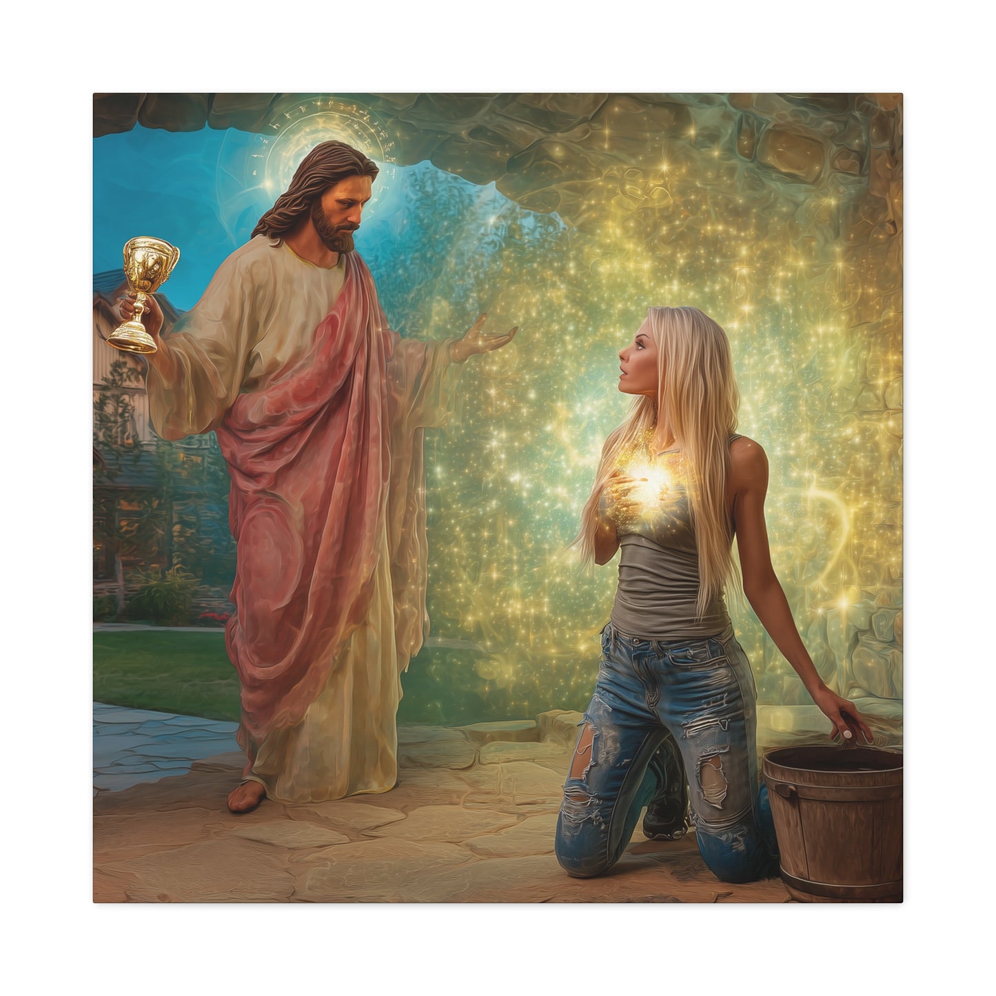 Samaritan Women at the Well with Jesus - Canvas & Poster Prints, Spiritual Wall Decor, Modern Jesus Canvas Art, Religious Decor, Faith-Based Art, Christian Gift