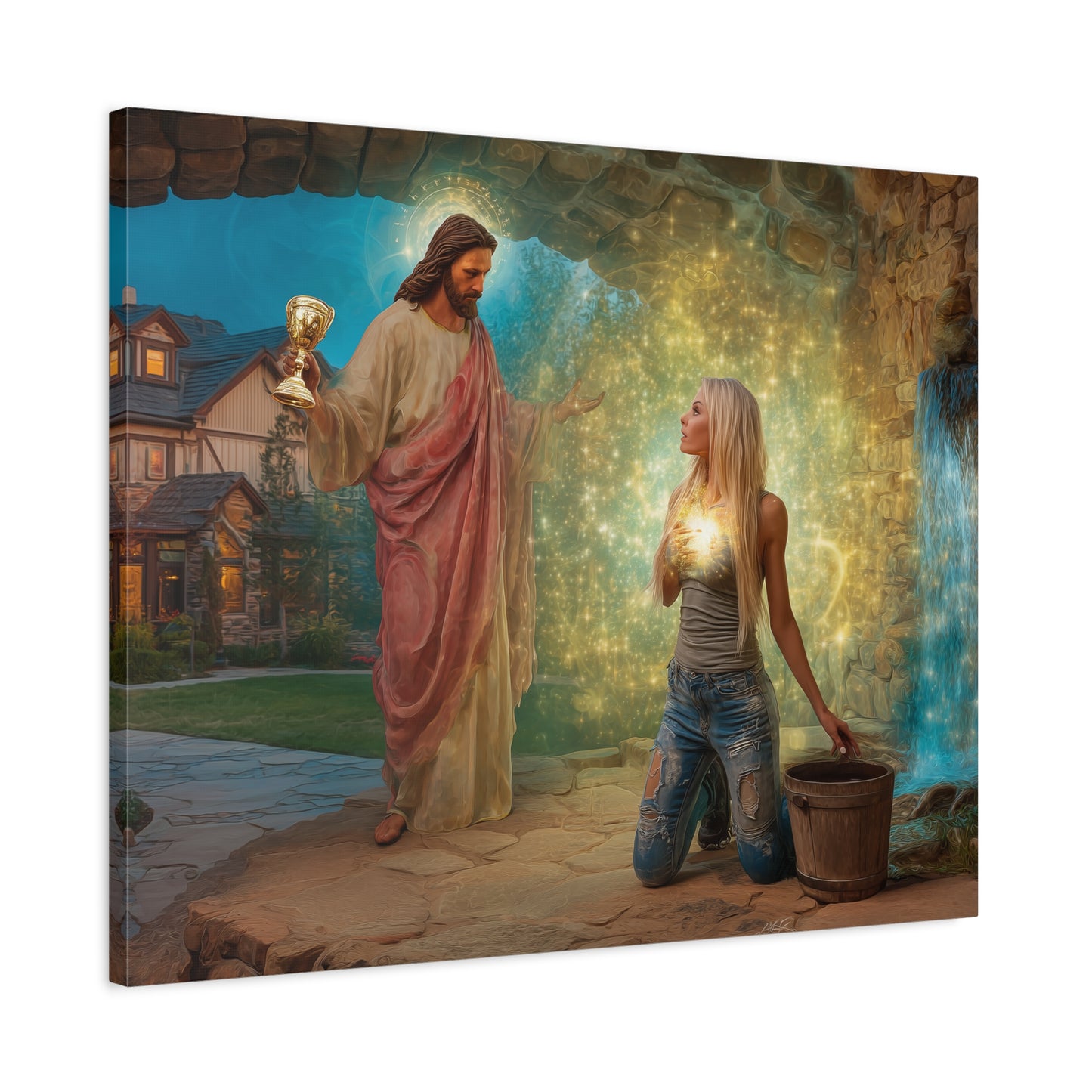 Samaritan Women at the Well with Jesus - Canvas & Poster Prints, Spiritual Wall Decor, Modern Jesus Canvas Art, Religious Decor, Faith-Based Art, Christian Gift