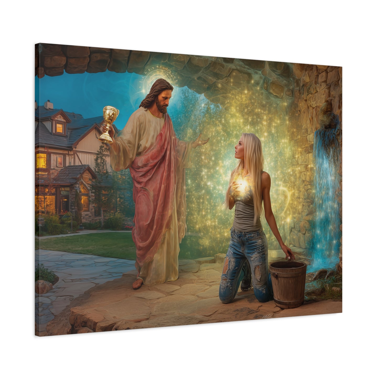 Samaritan Women at the Well with Jesus - Canvas & Poster Prints, Spiritual Wall Decor, Modern Jesus Canvas Art, Religious Decor, Faith-Based Art, Christian Gift