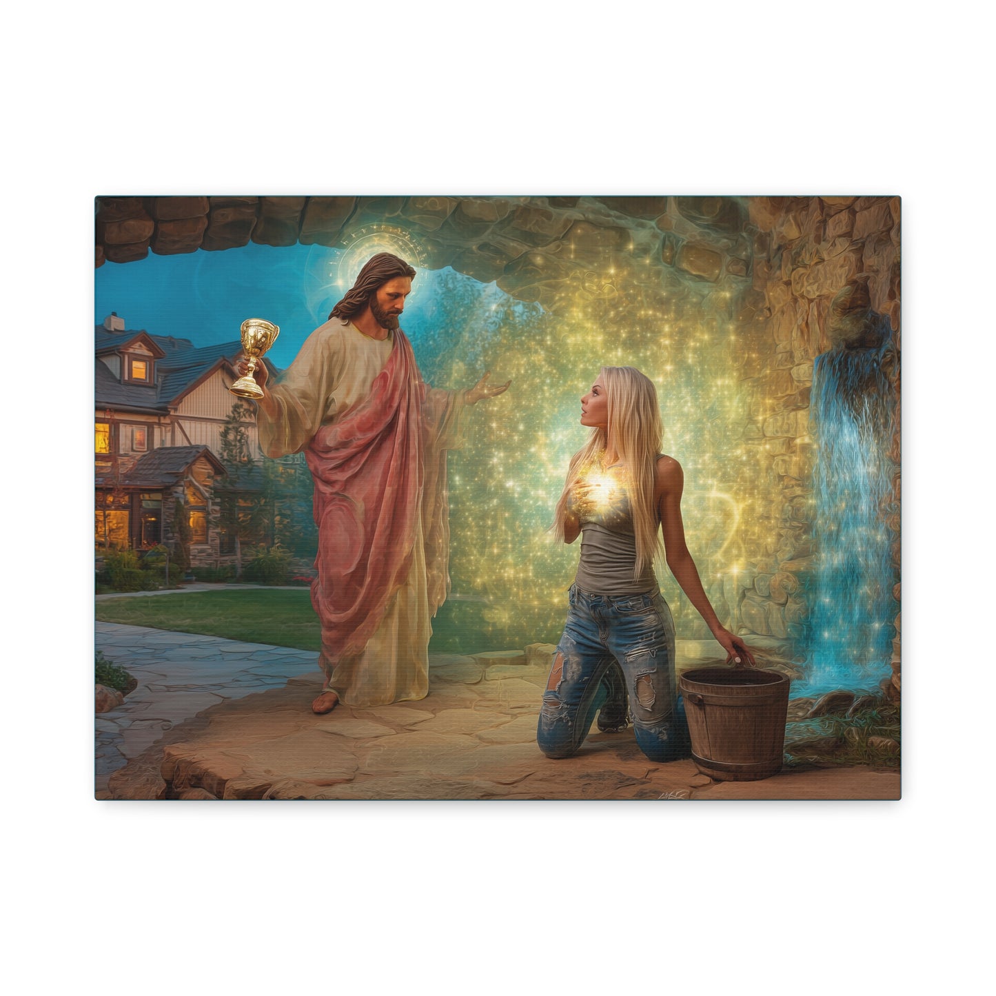 Samaritan Women at the Well with Jesus - Canvas & Poster Prints, Spiritual Wall Decor, Modern Jesus Canvas Art, Religious Decor, Faith-Based Art, Christian Gift