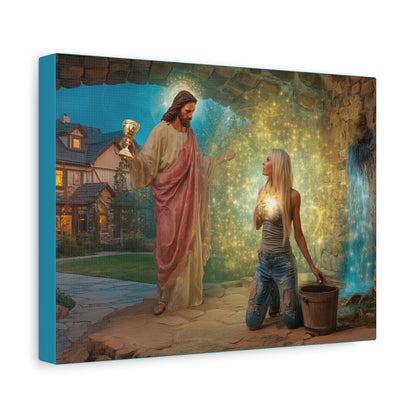 Samaritan Women at the Well with Jesus - Canvas & Poster Prints, Spiritual Wall Decor, Modern Jesus Canvas Art, Religious Decor, Faith-Based Art, Christian Gift