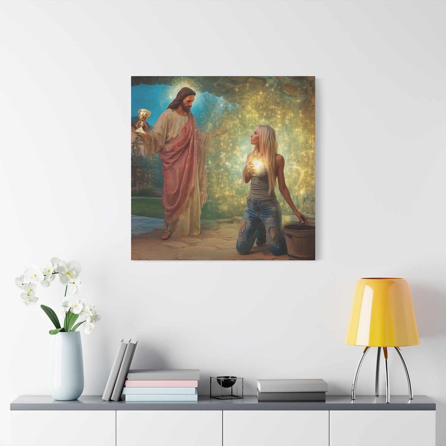 Samaritan Women at the Well with Jesus - Canvas & Poster Prints, Spiritual Wall Decor, Modern Jesus Canvas Art, Religious Decor, Faith-Based Art, Christian Gift