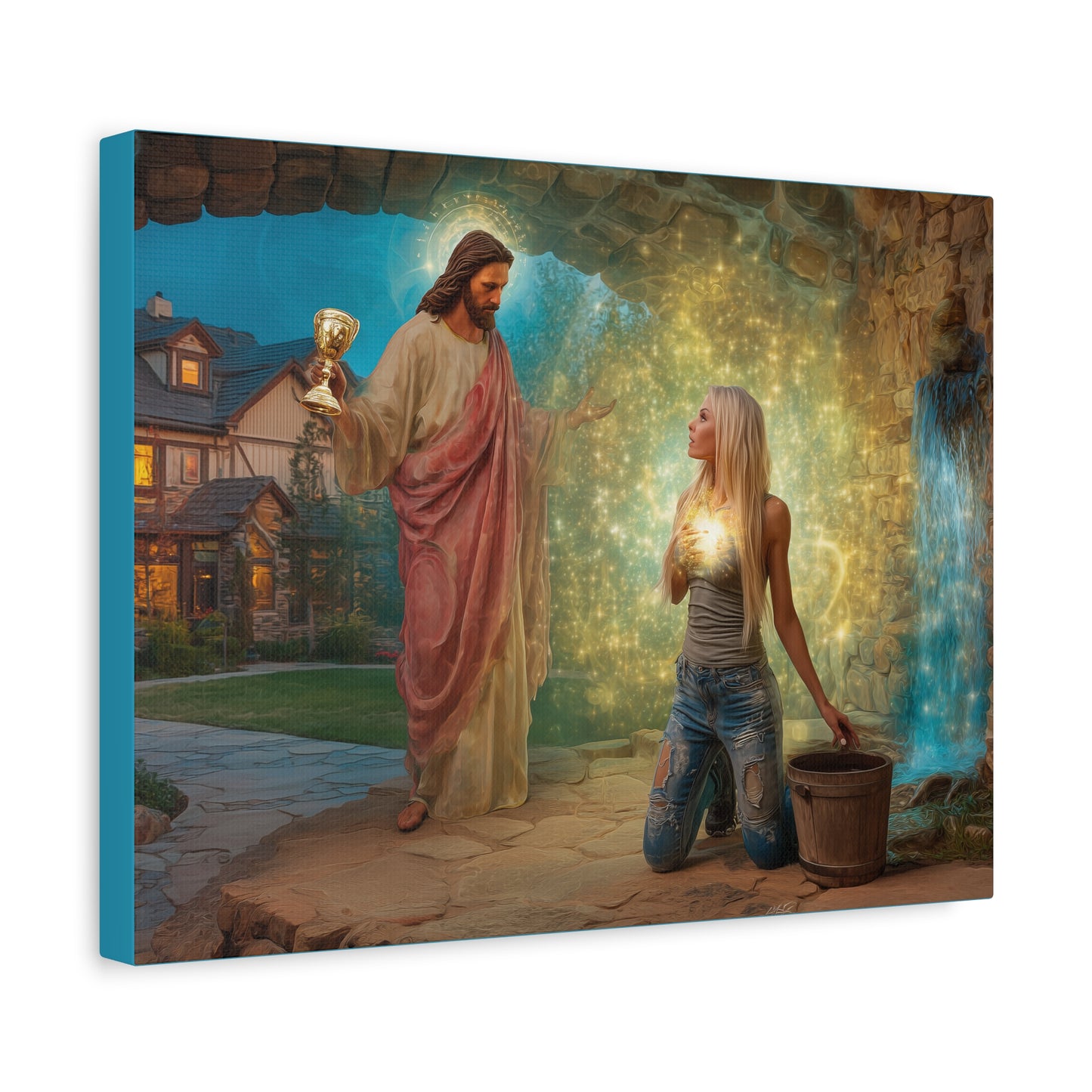 Samaritan Women at the Well with Jesus - Canvas & Poster Prints, Spiritual Wall Decor, Modern Jesus Canvas Art, Religious Decor, Faith-Based Art, Christian Gift