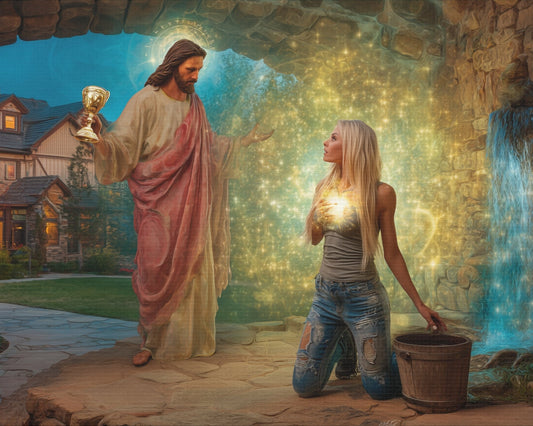 Samaritan Women at the Well with Jesus - Canvas & Poster Prints, Spiritual Wall Decor, Modern Jesus Canvas Art, Religious Decor, Faith-Based Art, Christian Gift
