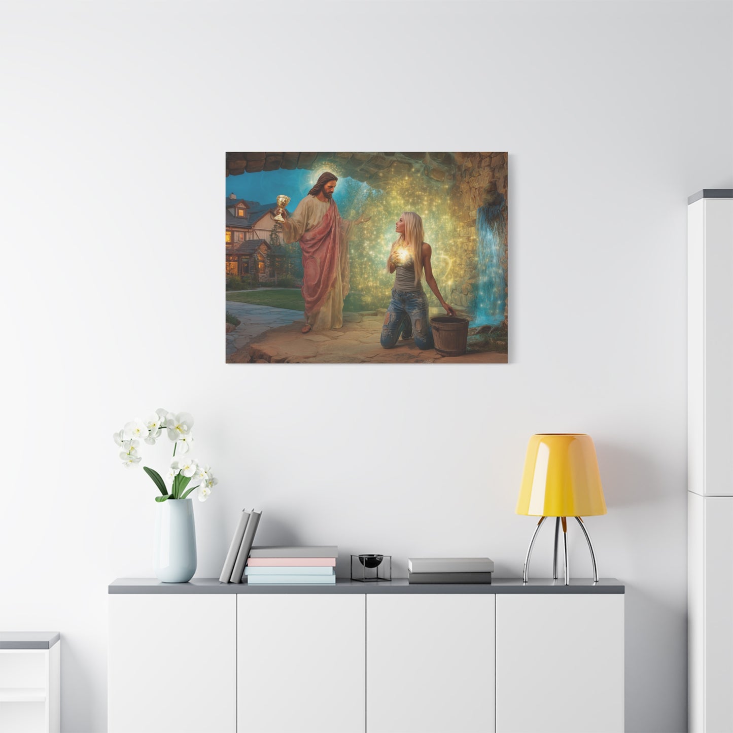 Samaritan Women at the Well with Jesus - Canvas & Poster Prints, Spiritual Wall Decor, Modern Jesus Canvas Art, Religious Decor, Faith-Based Art, Christian Gift