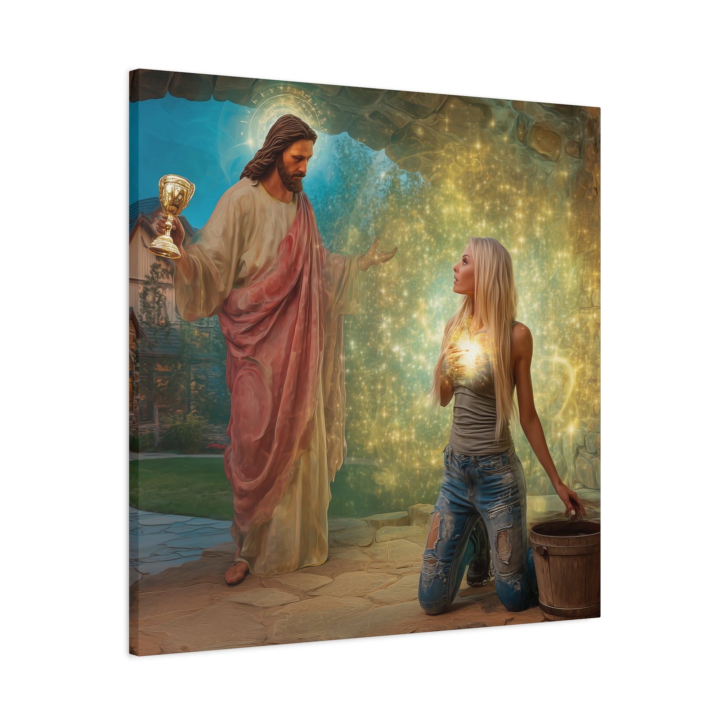Samaritan Women at the Well with Jesus - Canvas & Poster Prints, Spiritual Wall Decor, Modern Jesus Canvas Art, Religious Decor, Faith-Based Art, Christian Gift