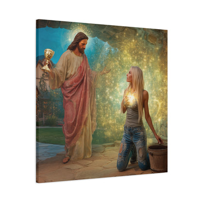 Samaritan Women at the Well with Jesus - Canvas & Poster Prints, Spiritual Wall Decor, Modern Jesus Canvas Art, Religious Decor, Faith-Based Art, Christian Gift