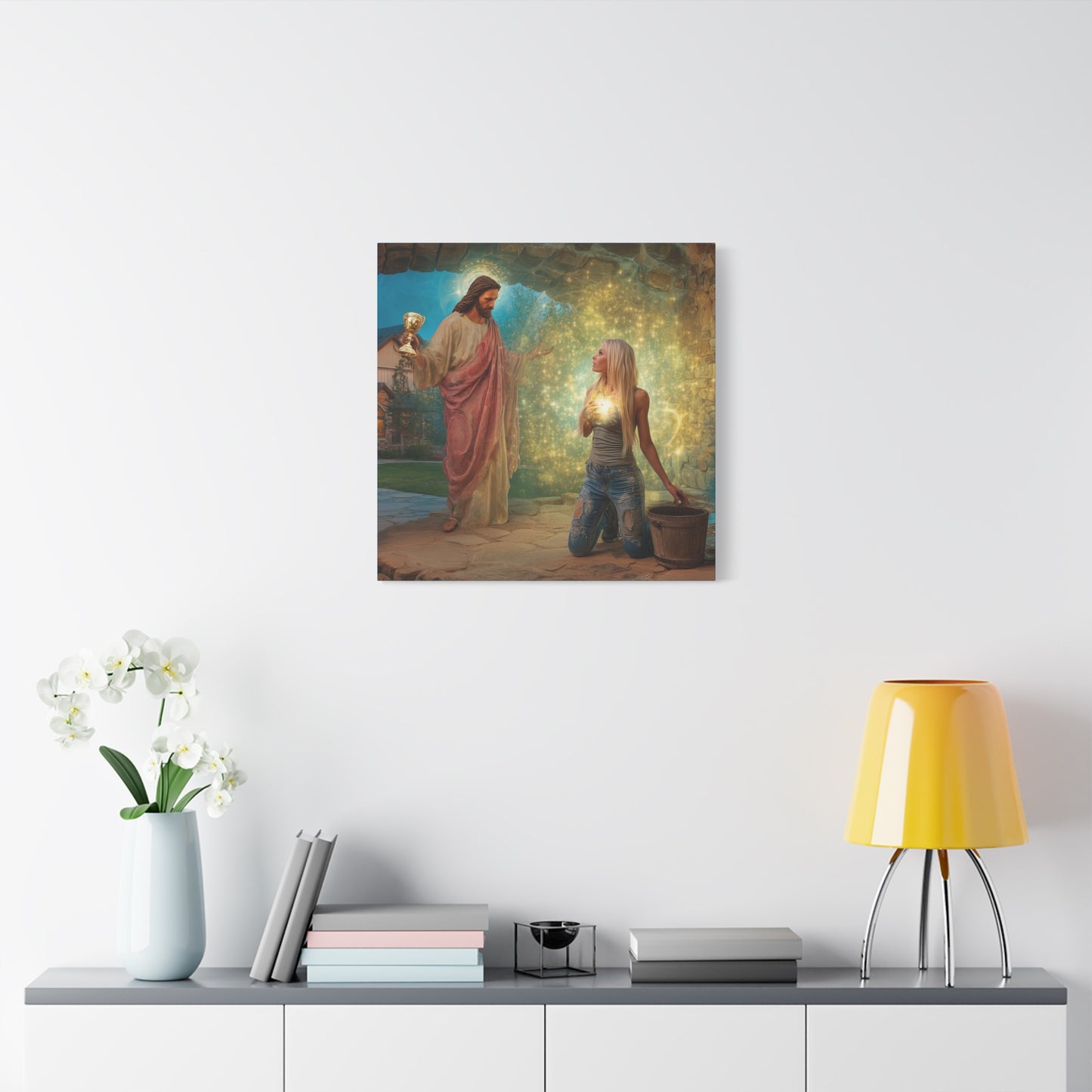 Samaritan Women at the Well with Jesus - Canvas & Poster Prints, Spiritual Wall Decor, Modern Jesus Canvas Art, Religious Decor, Faith-Based Art, Christian Gift