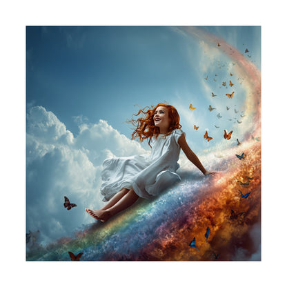 Girl Slides Down Rainbow Art - Canvas & Poster Print, Colorful Butterfly Canvas Art, Unique Kid's Room Art, Little Girls Room Canvas Art, Girl's Bedroom Art